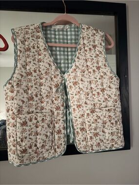 Altar'd State Quilted Gingham Vest in Cream & Sage